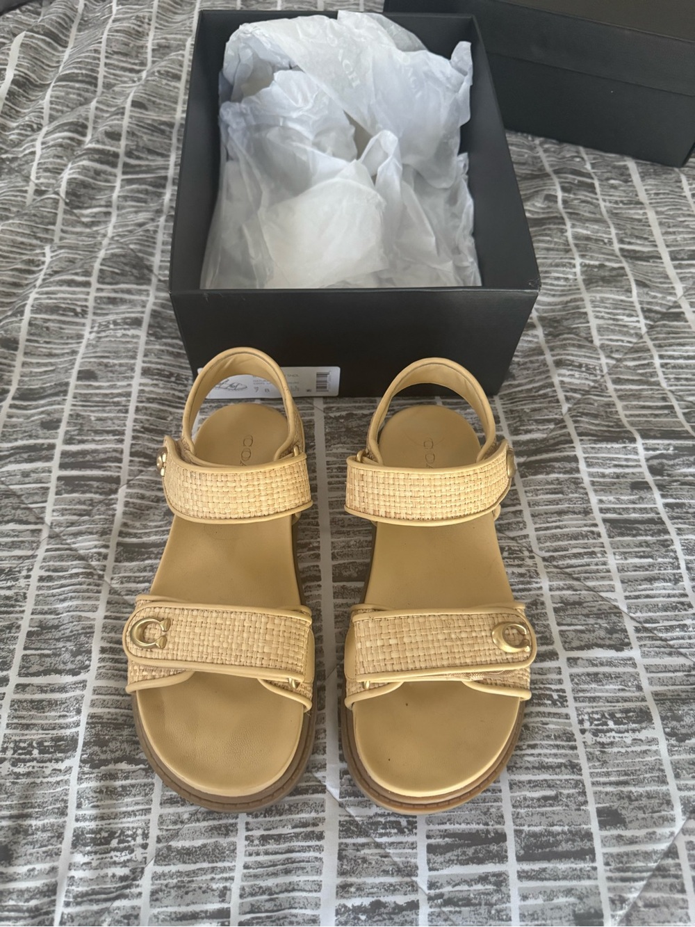 Coach Brynn Raffia Strap Sandals - Beige
